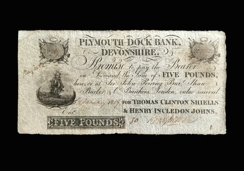Plymouth Dock Bank - FIVE POUNDS NOTE - 1819